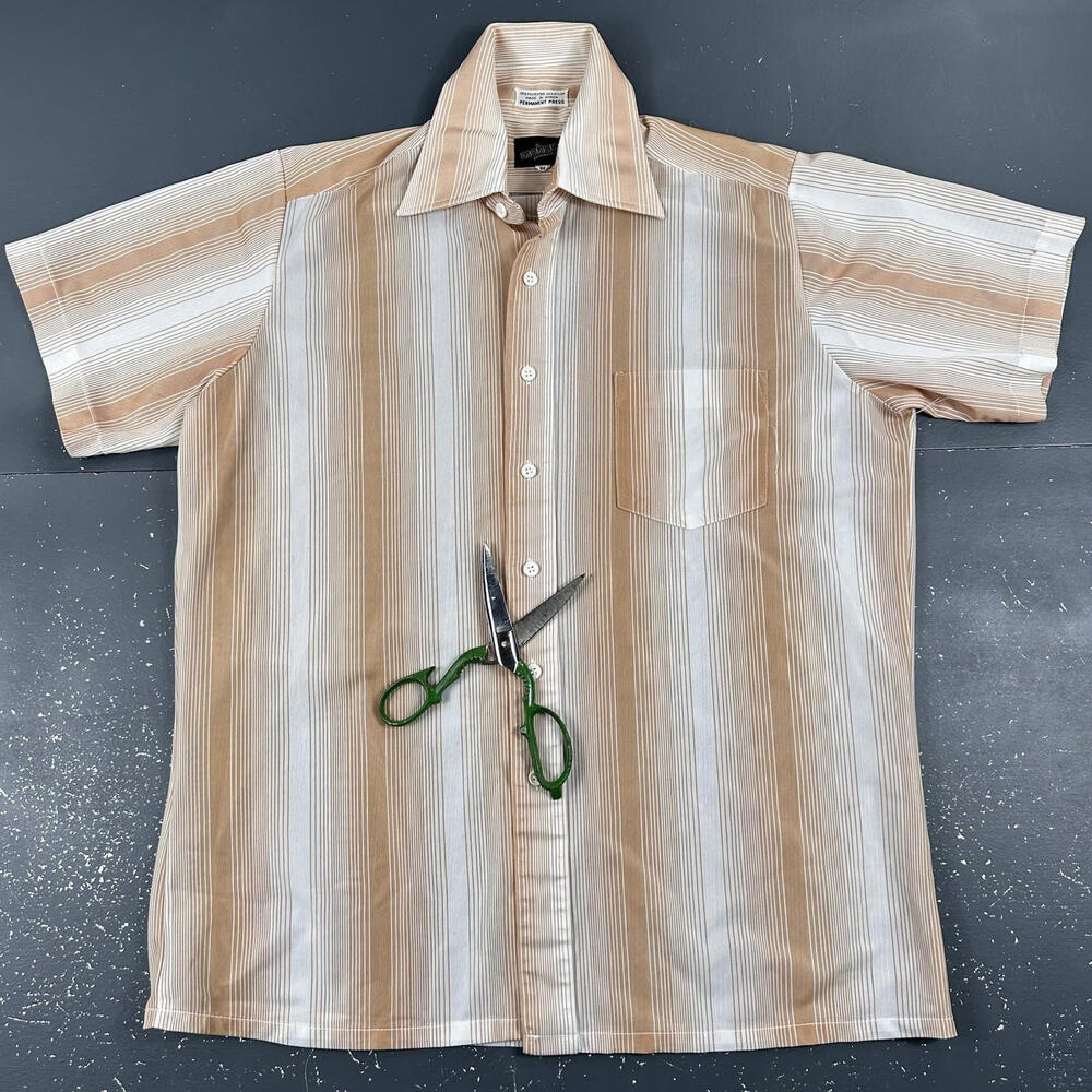 VTG 70's Mohawk Shirt Mens Medium Brown White Striped Pool BBQ Park Beach Retro